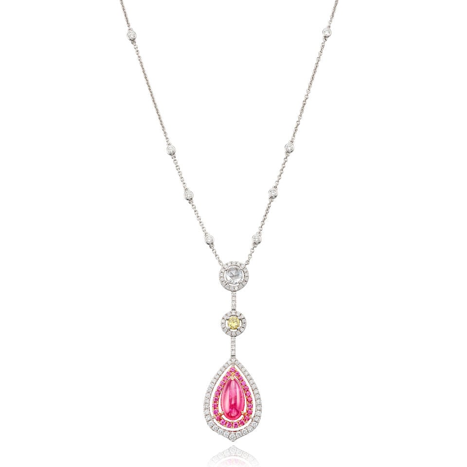 RUBY, FANCY INTENSE YELLOW DIAMOND, GEM-SET AND DIAMOND PENDANT NECKLACE: RUBY, FANCY INTENSE YELLOW DIAMOND, GEM-SET AND DIAMOND PENDANT