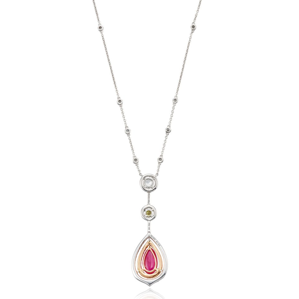 RUBY, FANCY INTENSE YELLOW DIAMOND, GEM-SET AND DIAMOND PENDANT NECKLACE - 2