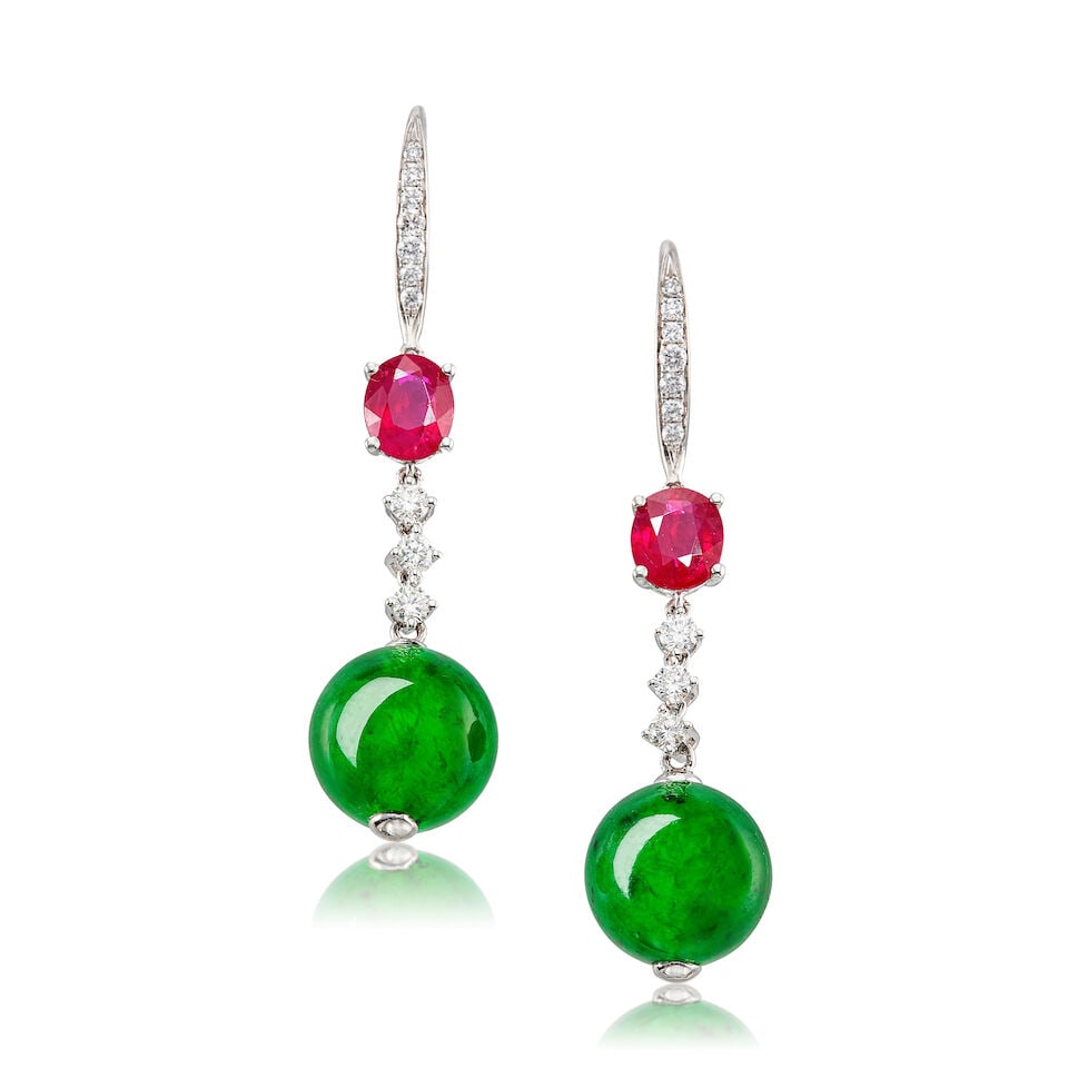 PAIR OF JADEITE BEAD, GEM-SET AND DIAMOND PENDENT EARRINGS: PAIR OF JADEITE BEAD, GEM-SET AND DIAMOND PENDENT EARRINGS 天然翡翠配紅寶石及鑽石吊墜耳環 Certificate: HKJSL, 