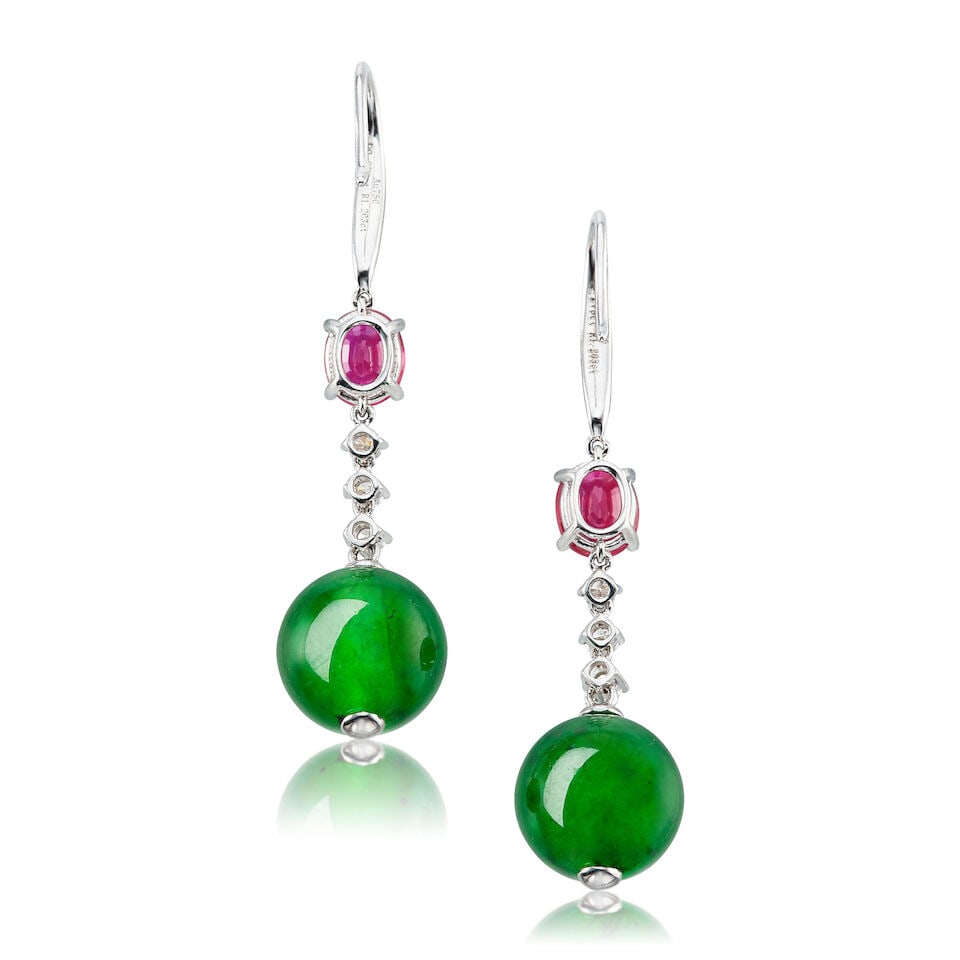 PAIR OF JADEITE BEAD, GEM-SET AND DIAMOND PENDENT EARRINGS - 2