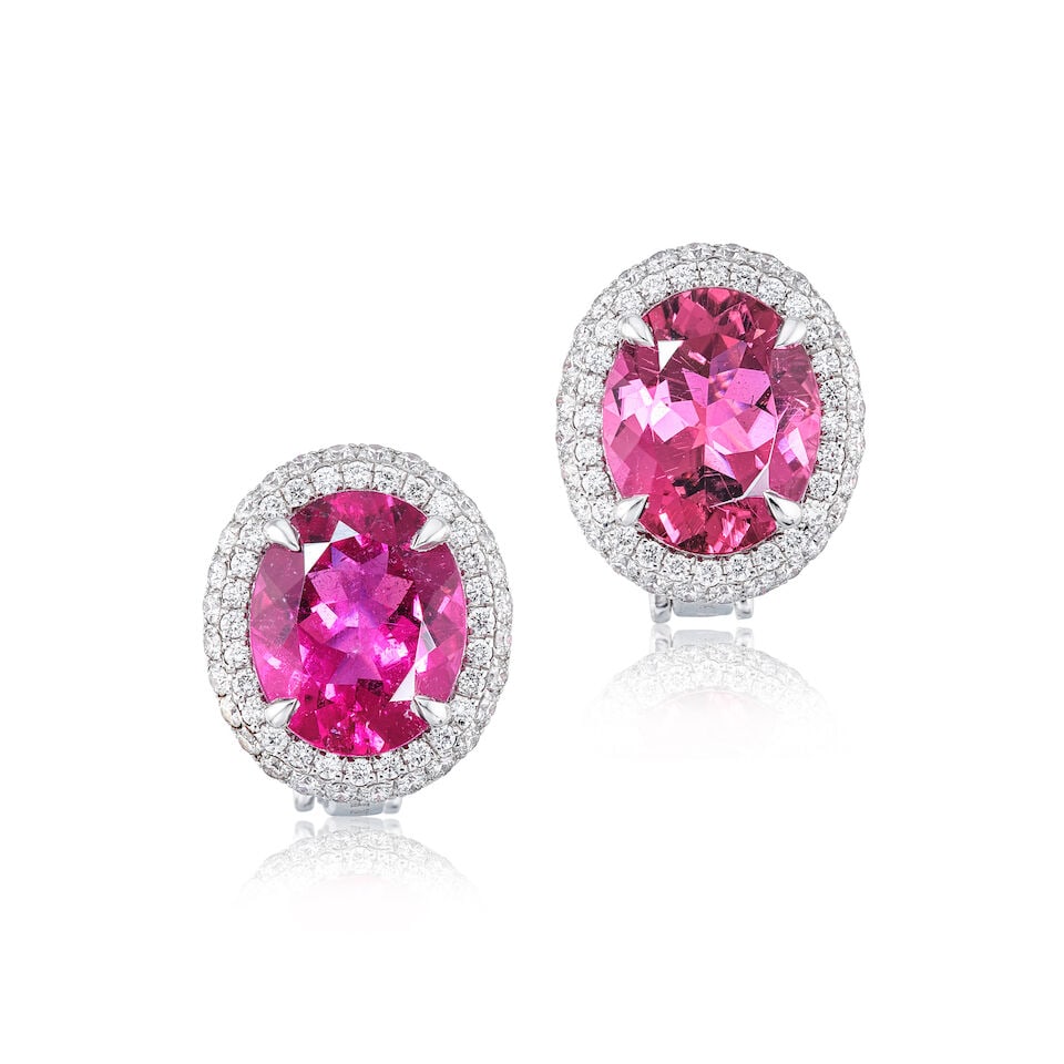 PAIR OF RUBELLITE TOURMALINE AND DIAMOND EARRINGS: PAIR OF RUBELLITE TOURMALINE AND DIAMOND EARRINGS 紅碧璽配鑽石耳環 Rubellite tourmalines: approx. 6.80cts Metal: 18 karat white gold Dimensions: 1.5 x