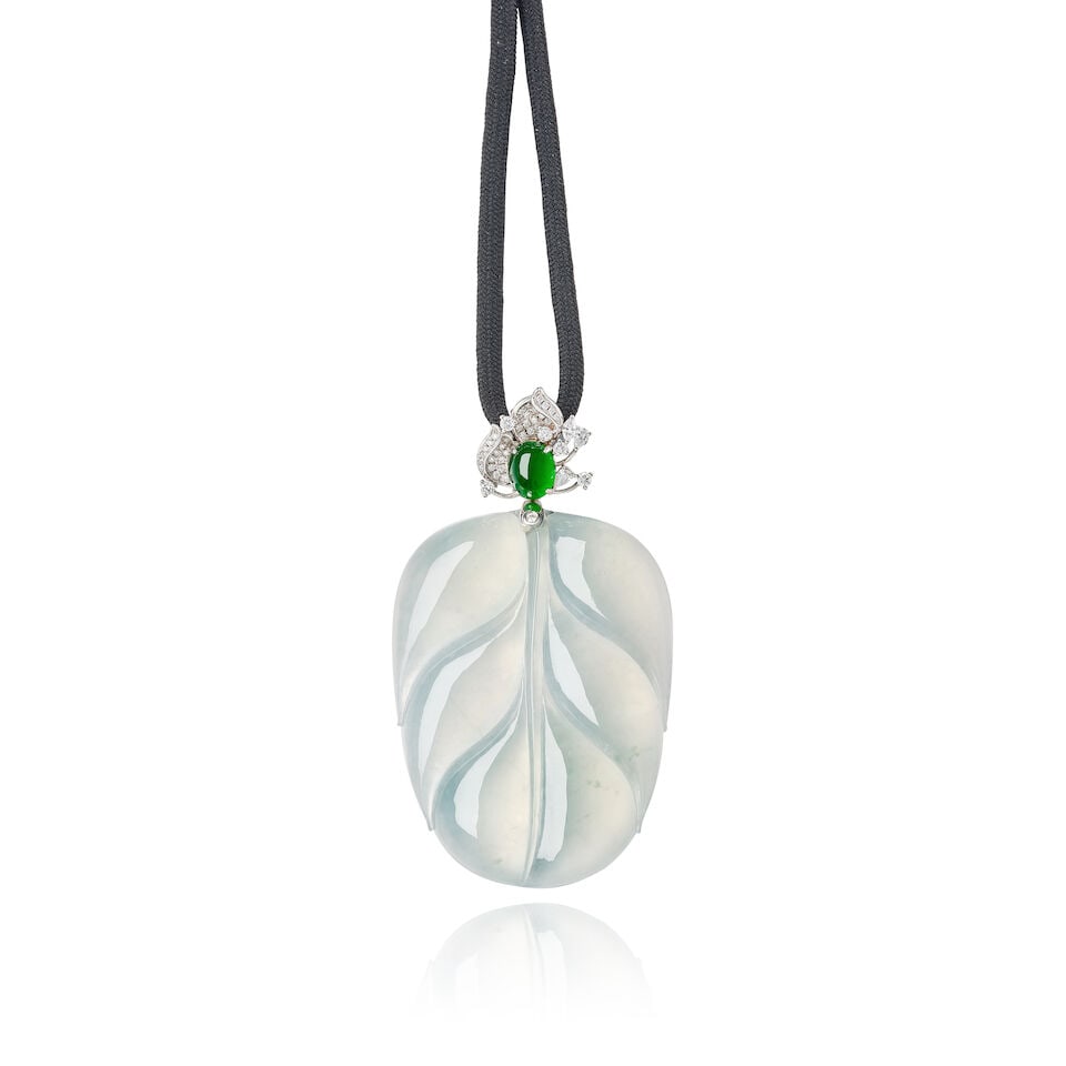 ICY JADEITE, JADEITE AND DIAMOND 'LEAF' PENDANT (1 of 3)
