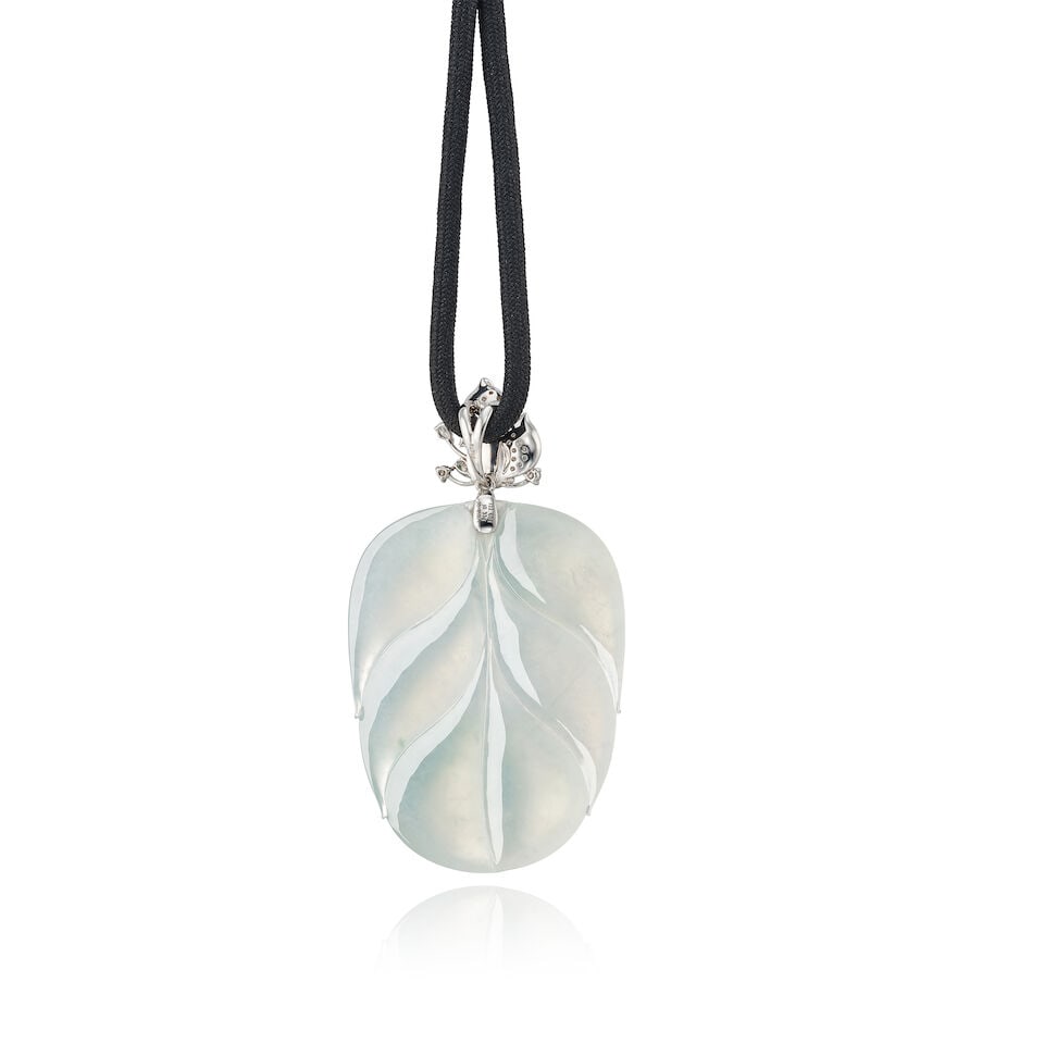 ICY JADEITE, JADEITE AND DIAMOND 'LEAF' PENDANT - 2