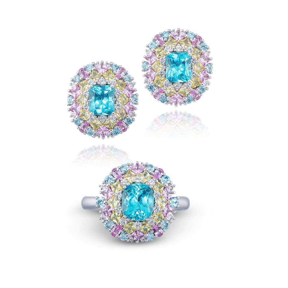 APATITE, GEM-SET AND DIAMOND RING AND EARRING SET (1 of 3)