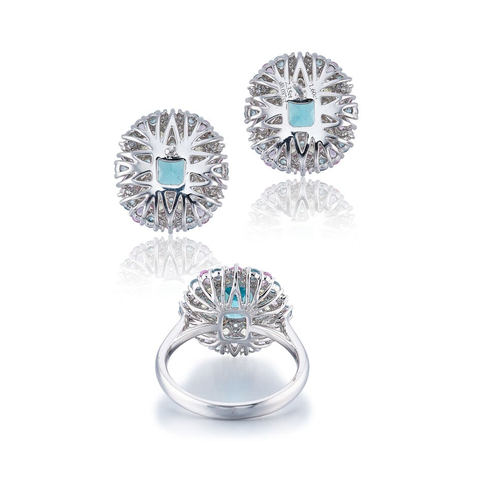 APATITE, GEM-SET AND DIAMOND RING AND EARRING SET - 2