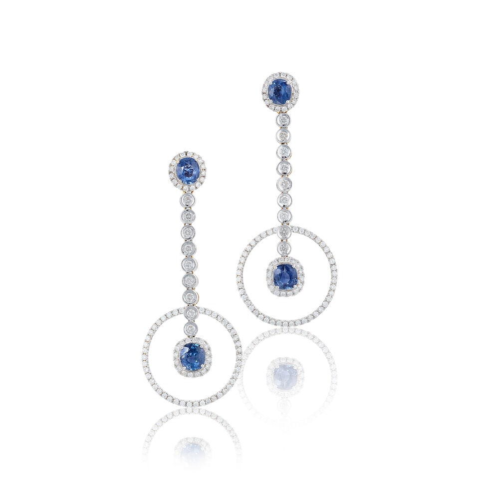 PAIR OF SAPPHIRE AND DIAMOND PENDENT EARRINGS (1 of 8)