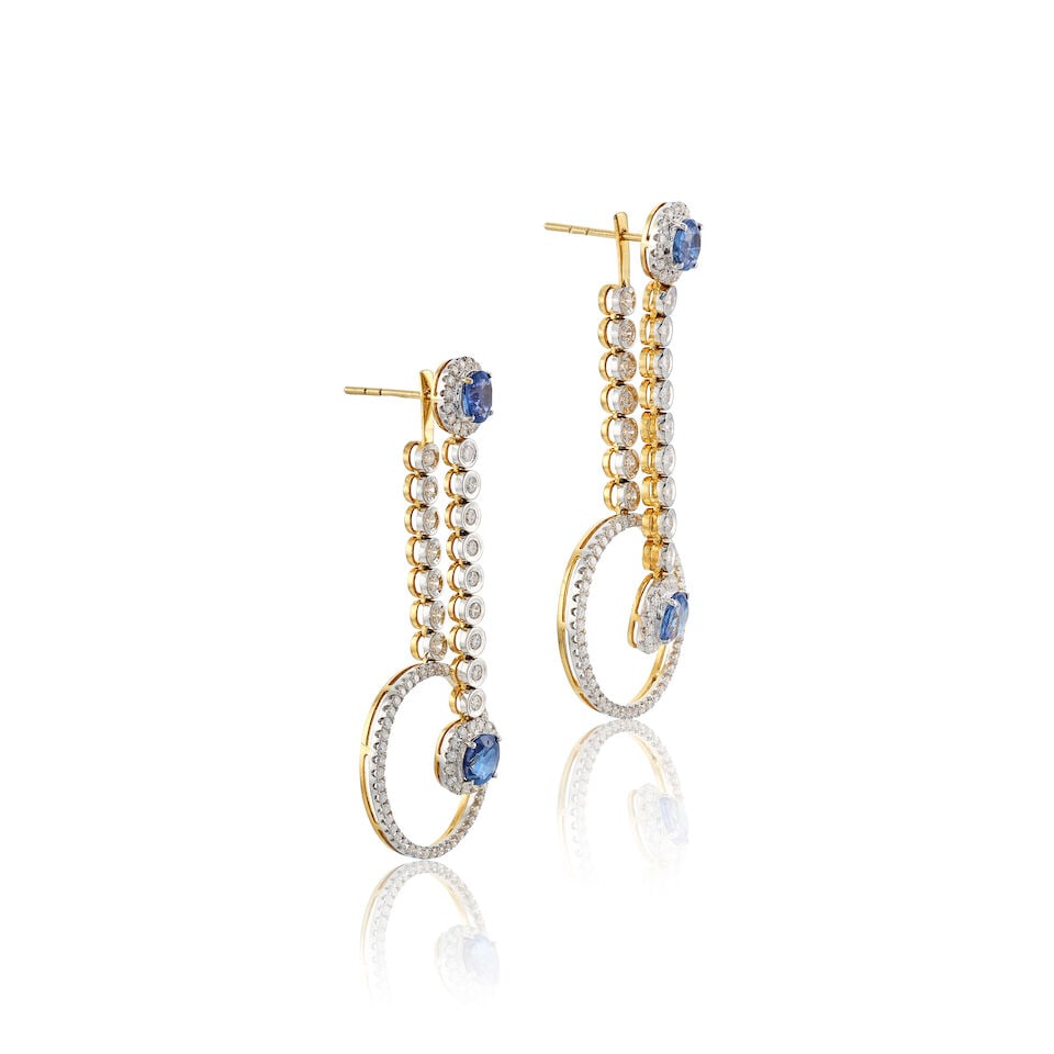 PAIR OF SAPPHIRE AND DIAMOND PENDENT EARRINGS - 2