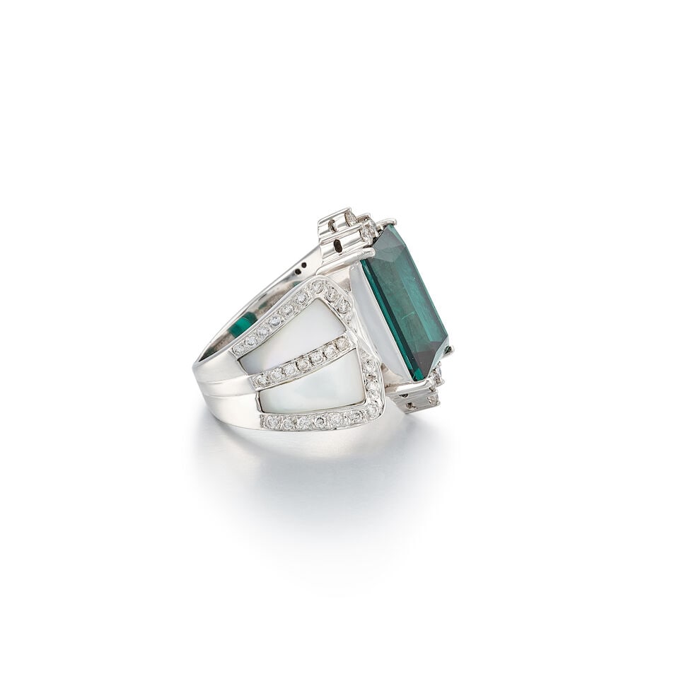TOURMALINE, MOTHER-OF-PEARL AND DIAMOND RING - 2