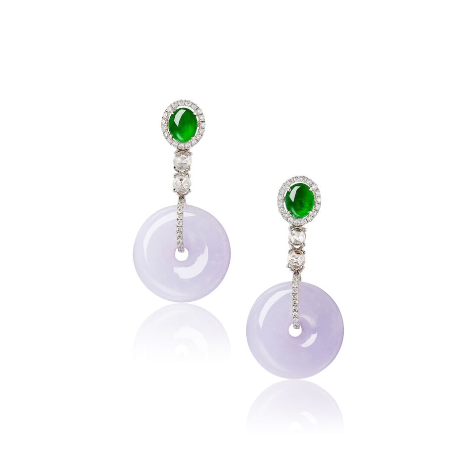 PAIR OF LAVENDER JADEITE HOOP, JADEITE AND DIAMOND PENDENT EARRINGS (1 of 3)