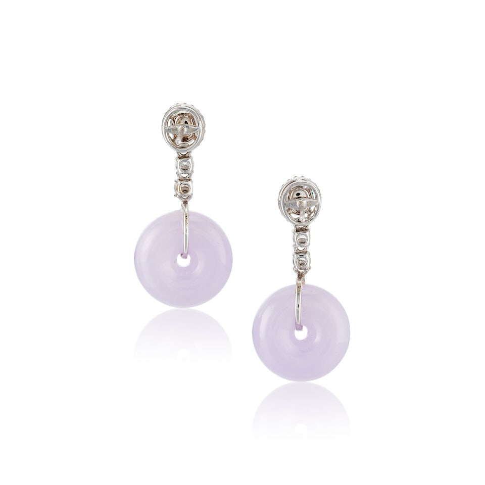 PAIR OF LAVENDER JADEITE HOOP, JADEITE AND DIAMOND PENDENT EARRINGS - 2