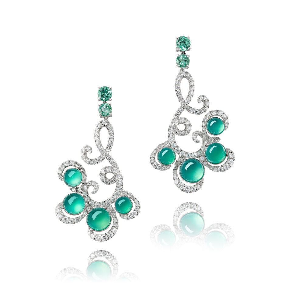 PAIR OF CHALCEDONY, GEM-SET AND DIAMOND PENDENT EARRINGS: PAIR OF CHALCEDONY, GEM-SET AND DIAMOND PENDENT EARRINGS 玉髓配碧璽及鑽石吊墜耳環 Diamonds: approx. 3.80cts Metal: 18 karat