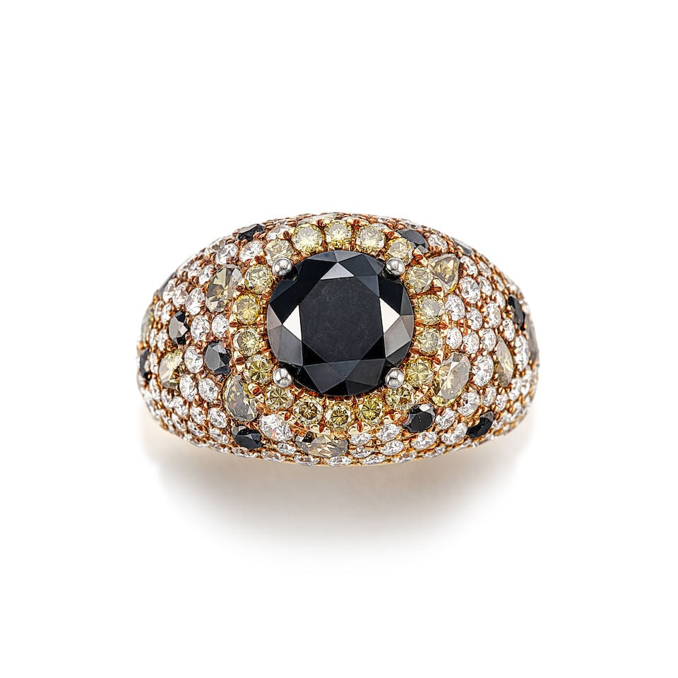 BLACK DIAMOND, COLOURED DIAMOND AND DIAMOND RING: BLACK DIAMOND, COLOURED DIAMOND AND DIAMOND RING 黑色鑽石配彩色鑽石及鑽石戒指 Black diamond: stamped
