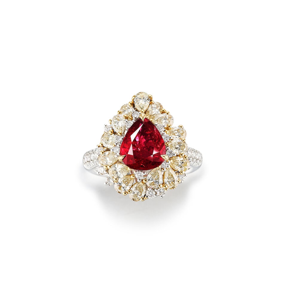RUBY, COLOURED DIAMOND AND DIAMOND RING (1 of 4)