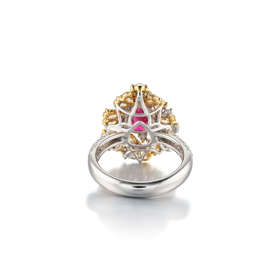 RUBY, COLOURED DIAMOND AND DIAMOND RING - 3