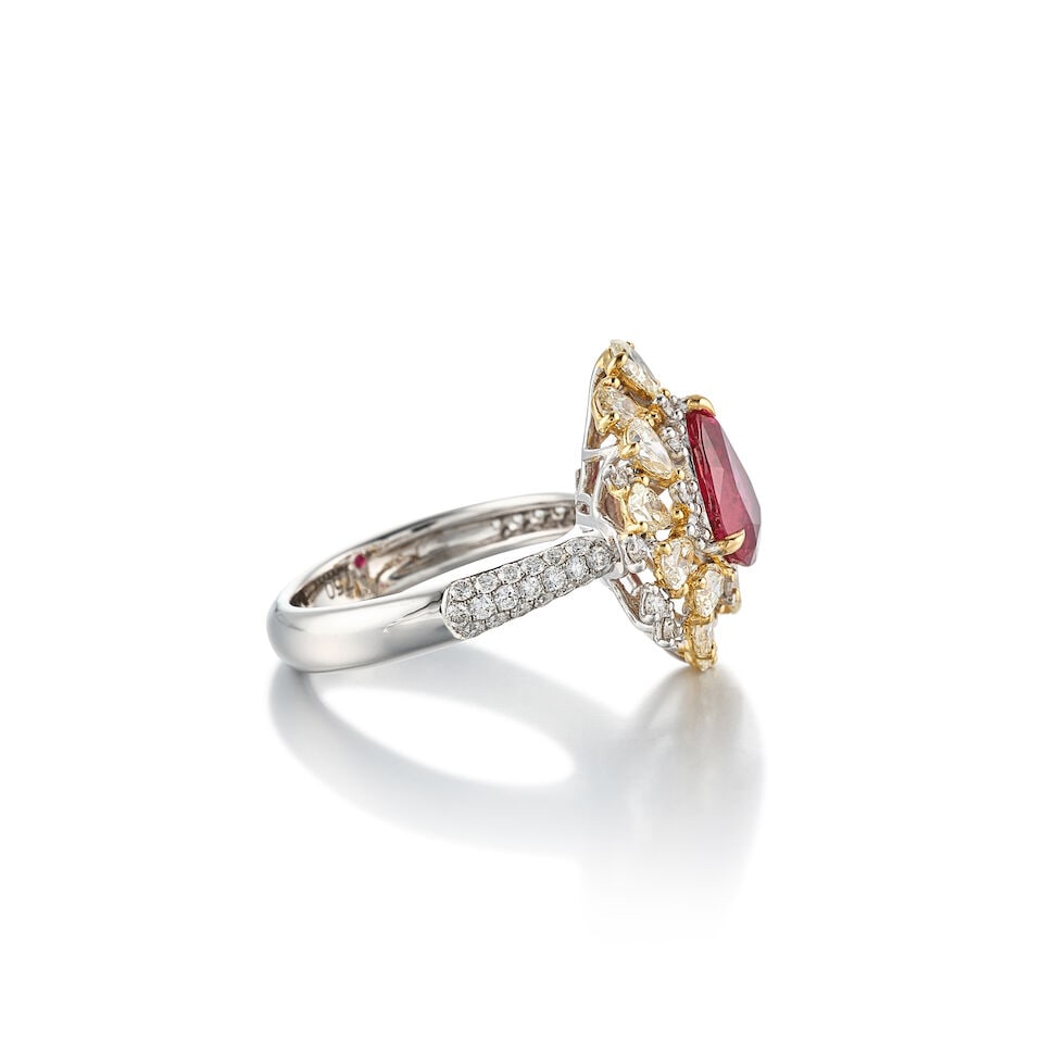 RUBY, COLOURED DIAMOND AND DIAMOND RING - 4