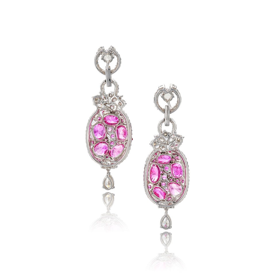 PAIR OF PINK SAPPHIRE AND DIAMOND PENDENT EARRINGS - 2