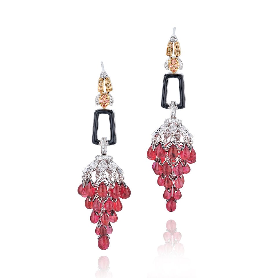 PAIR OF GEM-SET, COLOURED DIAMOND AND DIAMOND PENDENT EARRINGS (1 of 2)
