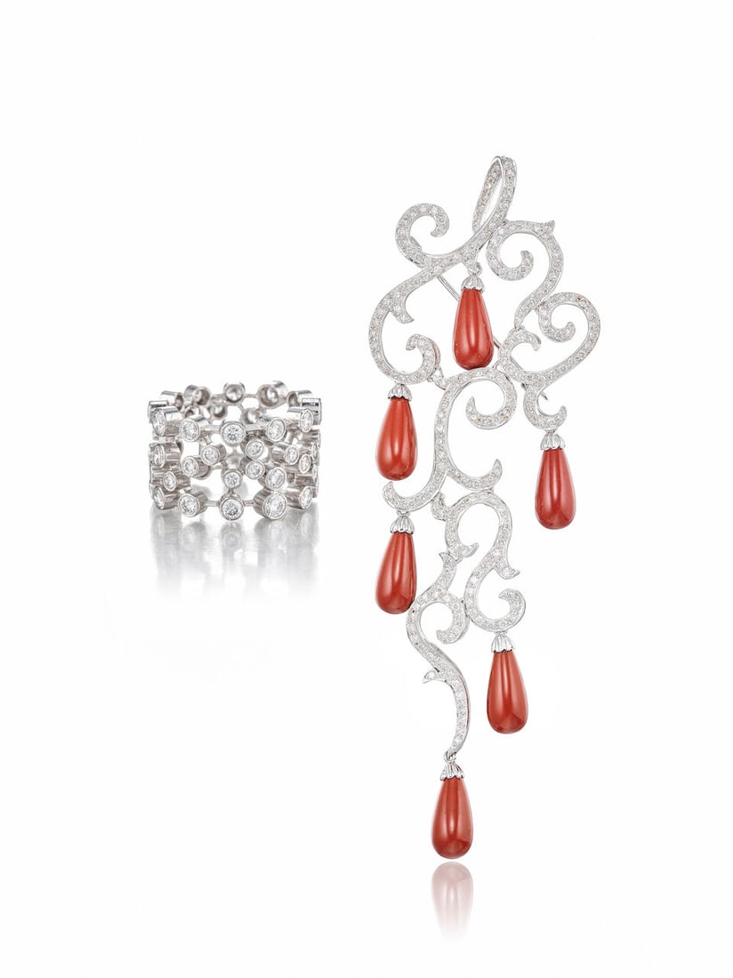 CHAUMET PARIS: DIAMOND RING, AND AN UNSIGNED CORAL AND DIAMOND BROOCH (2) (1 of 4)