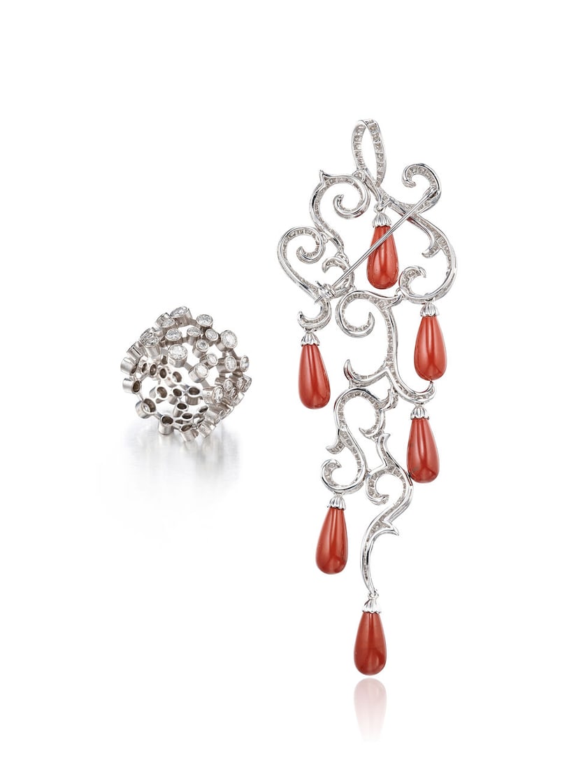 CHAUMET PARIS: DIAMOND RING, AND AN UNSIGNED CORAL AND DIAMOND BROOCH (2) - 3