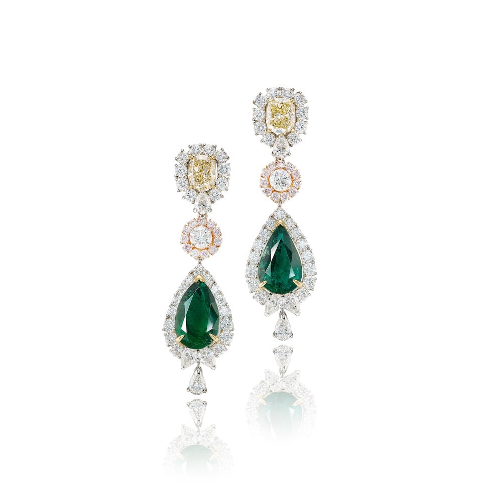 PAIR OF EMERALD, COLOURED DIAMOND AND DIAMOND PENDENT EARRINGS (1 of 7)