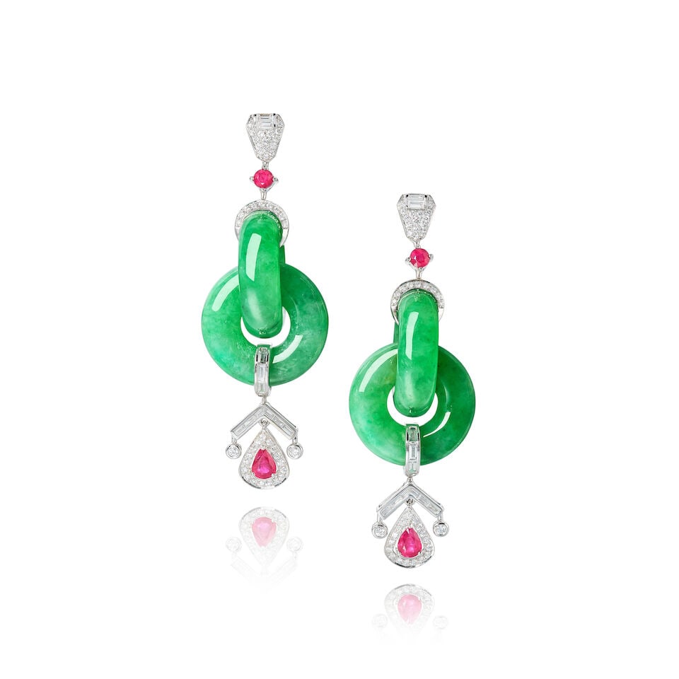 PAIR OF JADEITE DOUBLE HOOP, GEM-SET AND DIAMOND PENDENT EARRINGS (1 of 2)