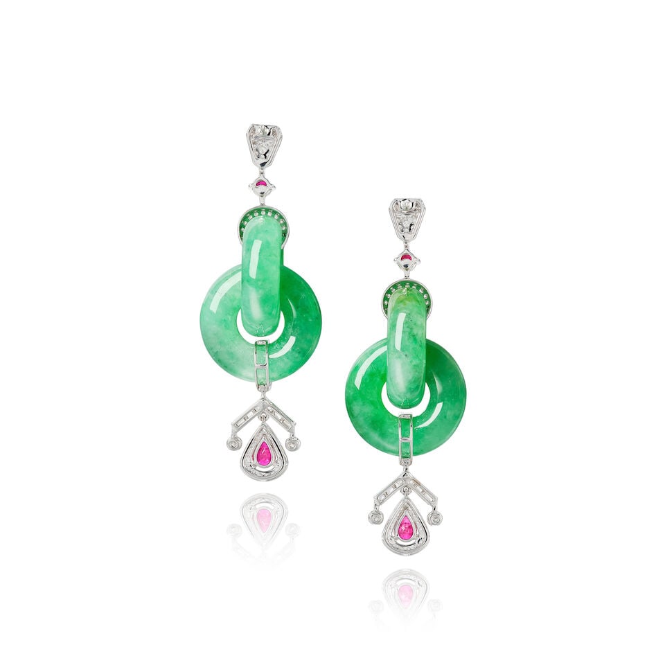 PAIR OF JADEITE DOUBLE HOOP, GEM-SET AND DIAMOND PENDENT EARRINGS - 2