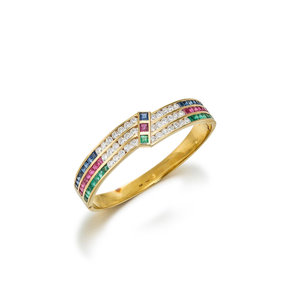 MULTI-COLOURED GEM-SET AND DIAMOND BANGLE (1 of 2)
