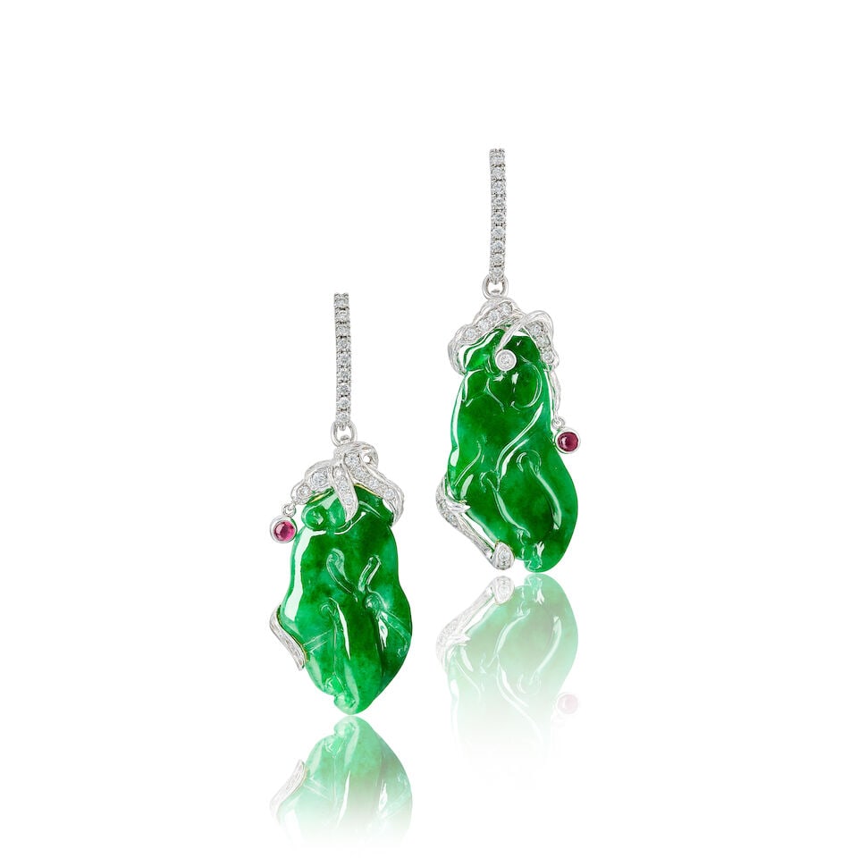 PAIR OF JADEITE, GEM-SET AND DIAMOND PENDENT EARRINGS (1 of 4)