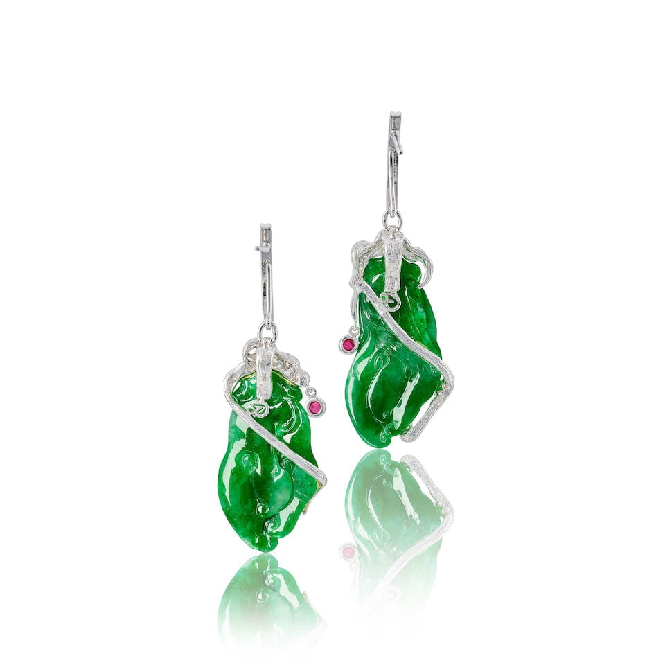 PAIR OF JADEITE, GEM-SET AND DIAMOND PENDENT EARRINGS - 2