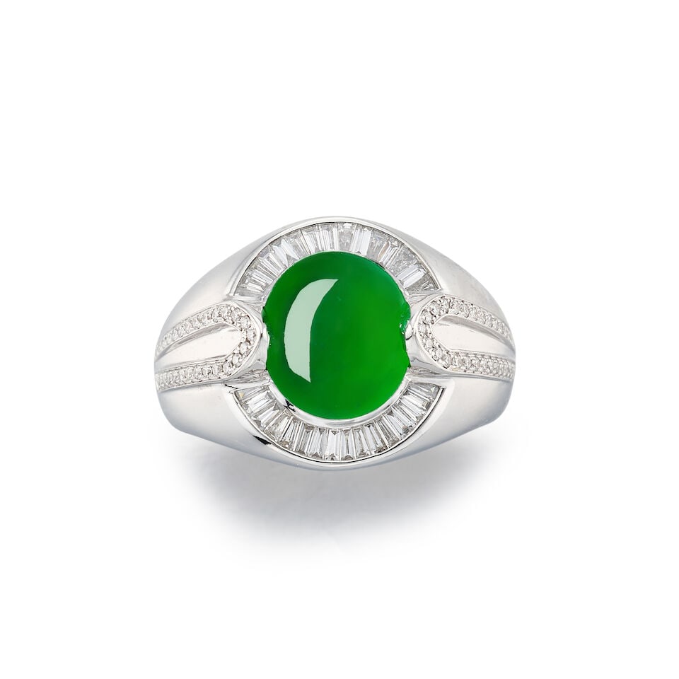 JADEITE AND DIAMOND RING: JADEITE AND DIAMOND RING 天然翡翠配鑽石戒指 Certificate: HKJSL, jadeite, natural, type A (SJ 255050, 7 May 2026) Jadeite: approx. 11.23 x 9.45 x 4