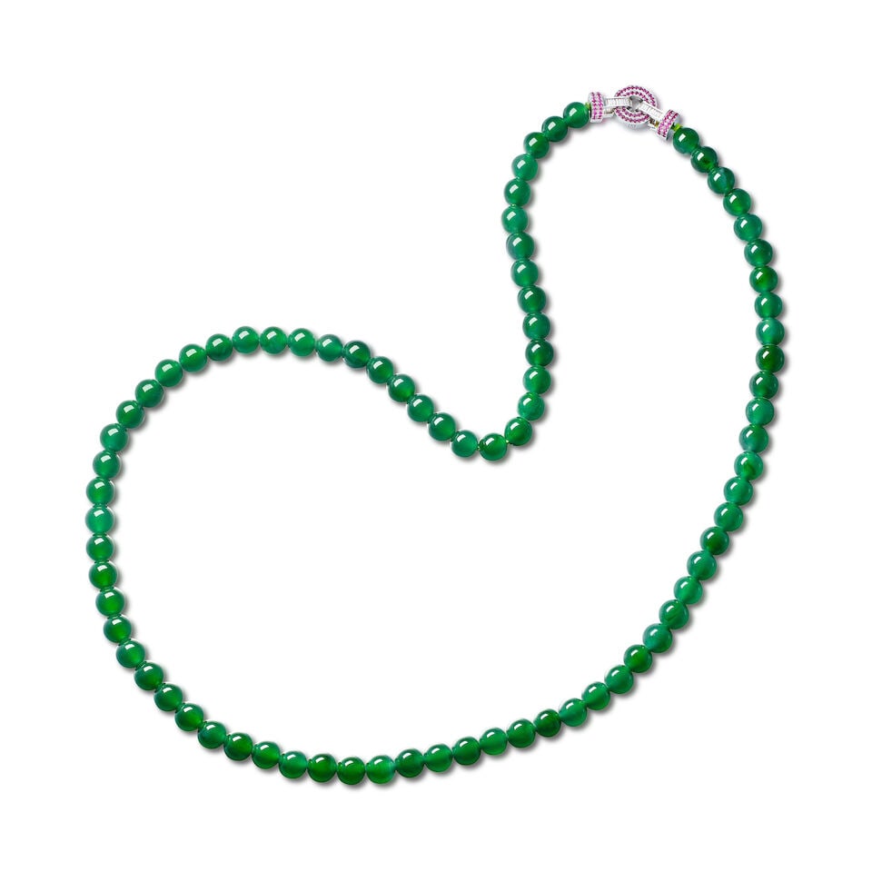 JADEITE BEAD, GEM-SET AND DIAMOND NECKLACE: JADEITE BEAD, GEM-SET AND DIAMOND NECKLACE 天然翡翠配彩色寶石及鑽石項鍊 Certificate: HKJSL, selected jadeite,
