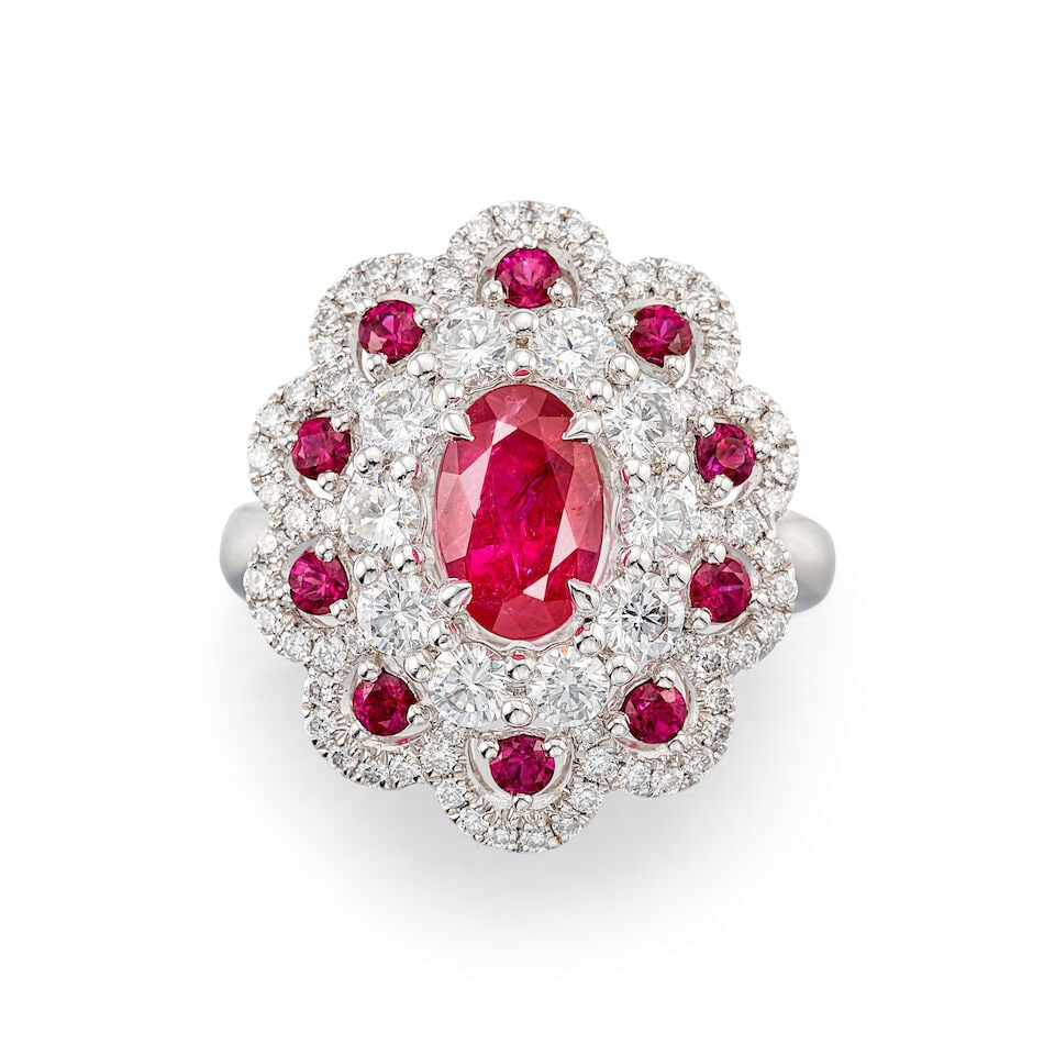 RUBY, GEM-SET AND DIAMOND RING: RUBY, GEM-SET AND DIAMOND RING 1.30克拉天然未經加熱處理紅寶石配鑽石戒指 Certificate: GRS, ru