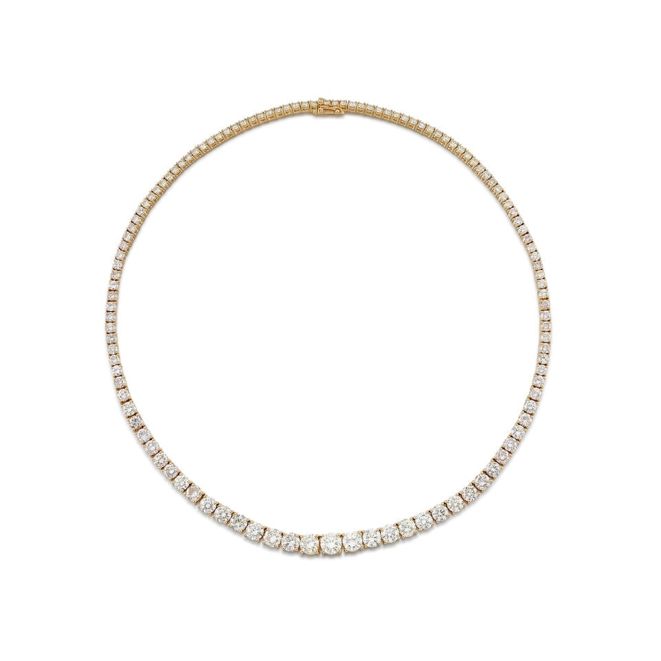 DIAMOND RIVIÈRE NECKLACE: DIAMOND RIVIÈRE NECKLACE 鑽石項鍊 Diamonds: 117pcs, approx. 22.30cts Metal: 18 karat yellow gold Length: 41.7cm Gross weight: 30.6g For further information on this lot