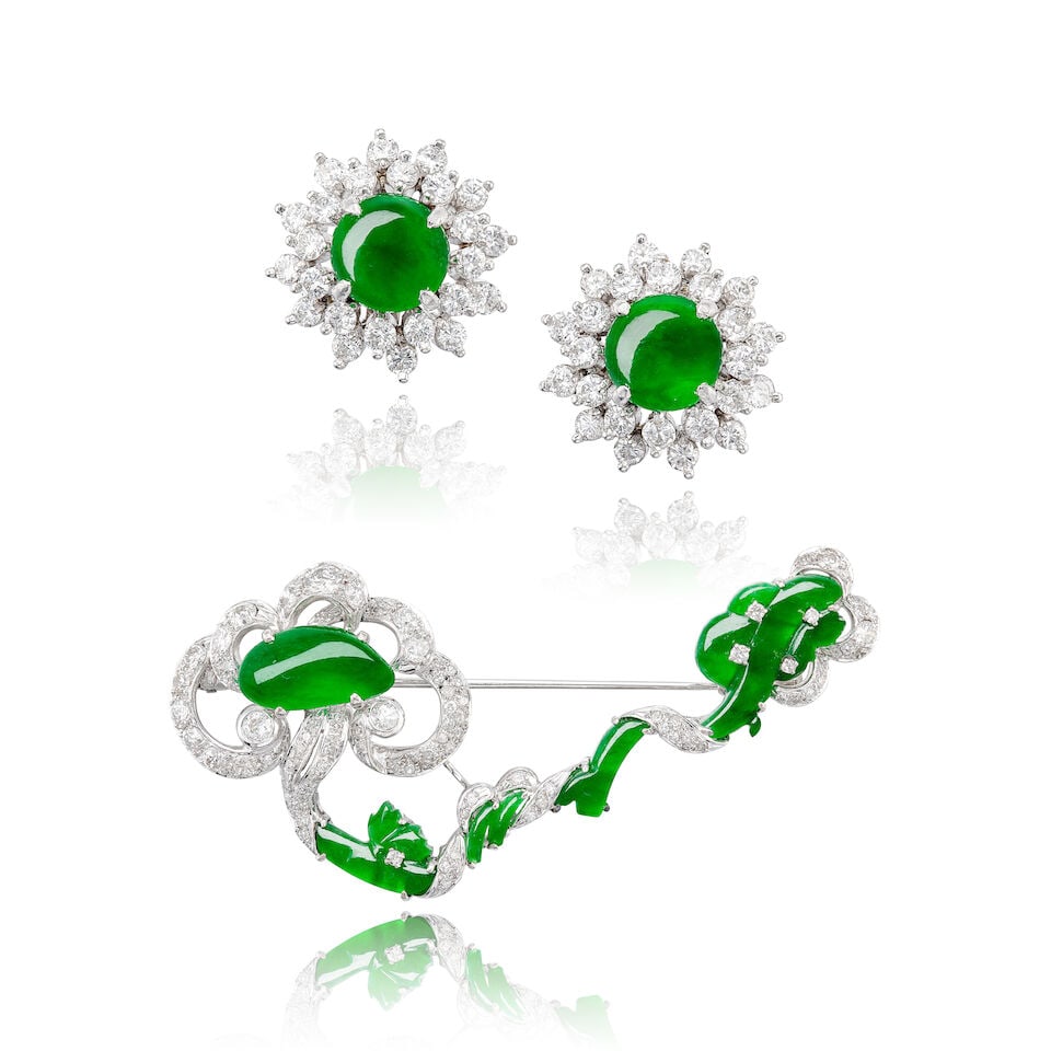JADEITE AND DIAMOND BROOCH; AND PAIR OF JADEITE AND DIAMOND EARRINGS (2) (1 of 4)