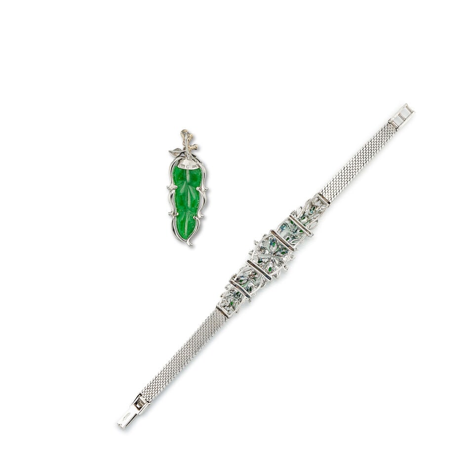 JADEITE AND DIAMOND BRACELET AND 'LEAF' PENDANT (2) - 2