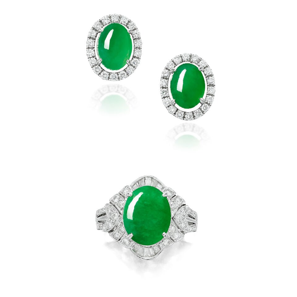 JADEITE AND DIAMOND RING AND EARRINGS (2): JADEITE AND DIAMOND RING AND EARRINGS 天然翡翠配鑽石戒指及耳環 Certificates: 2 HKJSL, selected jadeites, natural, type A (SJ 252