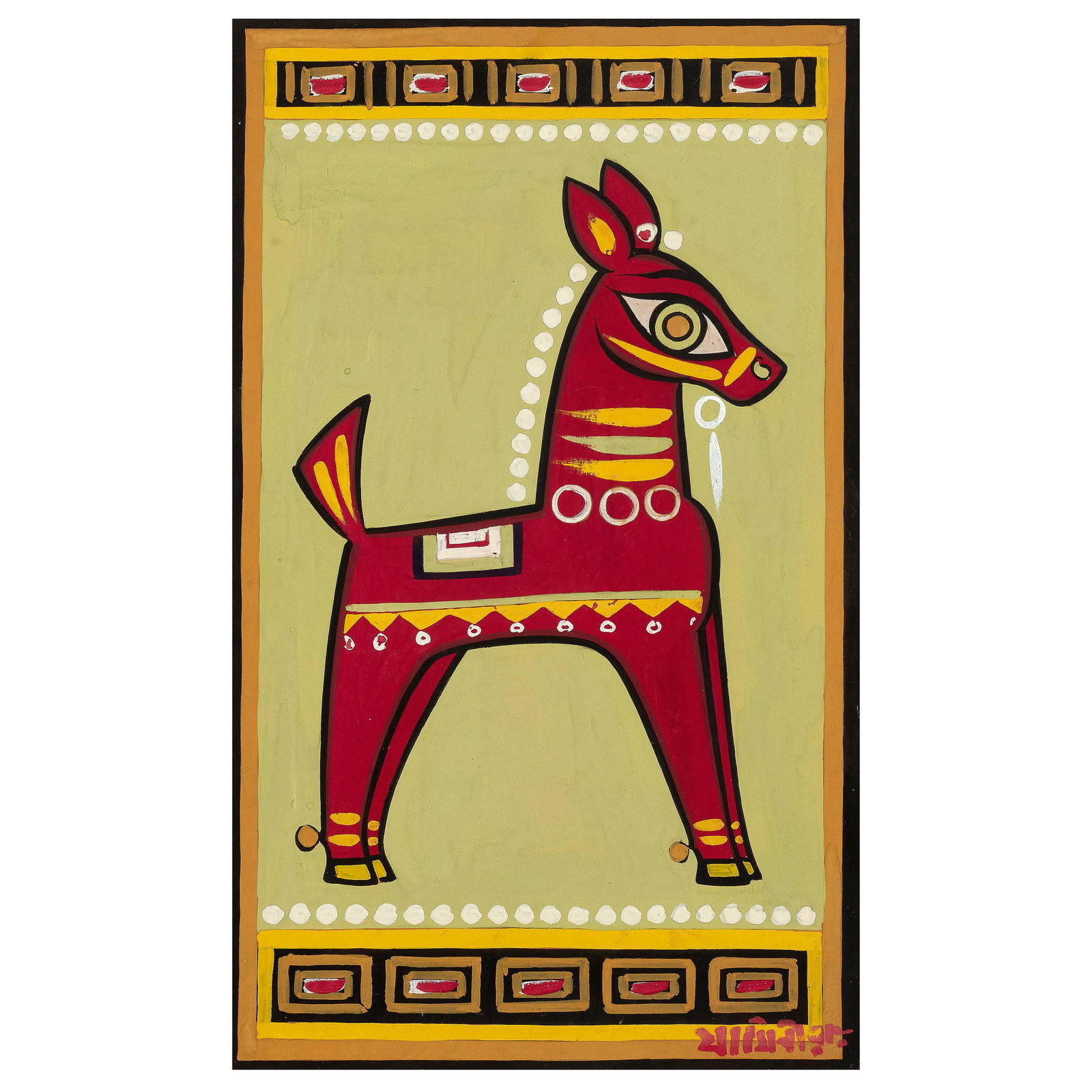 Jamini Roy (1887-1972) Untitled (Festival Horse): Jamini Roy (1887-1972) Untitled (Festival Horse) signed in Bengali lower right Opaque watercolour on board, framed 42.8 x 25.4cm (16 7/8 x 10 in). Footnotes: Provenance Pr