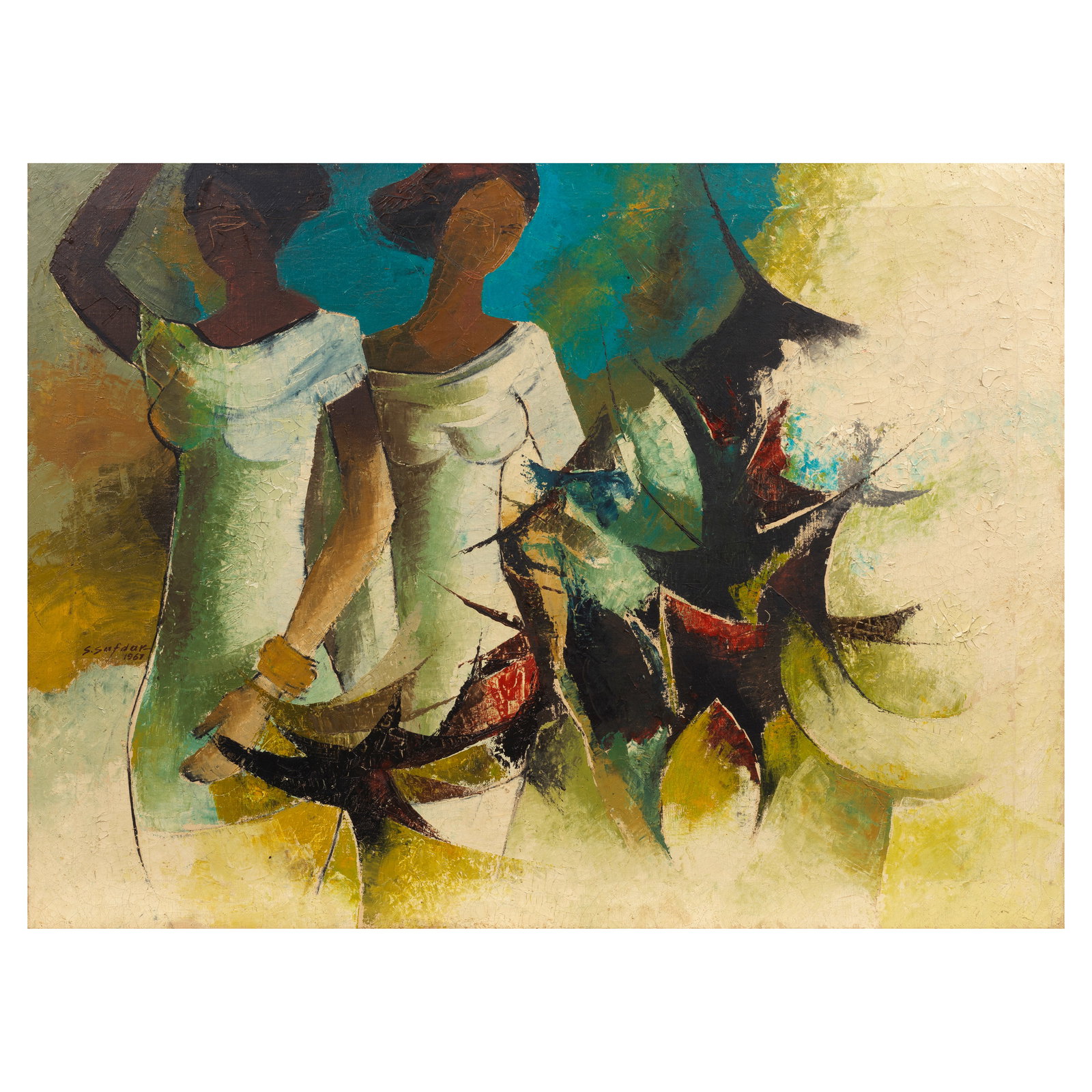 Sheikh Safdar Ali (1924-1983) Untitled (Two women): Sheikh Safdar Ali (1924-1983) Untitled (Two women) signed and dated 'S. Safdar 1967' lower centre oil on canvas, framed 86 x 116.5cm (33 7/8 x 45 7/8in). Footnotes: Provenance<