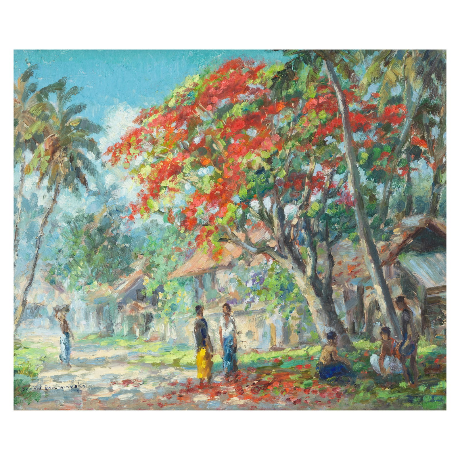 Donald Ramanayake (1920-1993) Untitled (A Village Scene): Donald Ramanayake (1920-1993) Untitled (A Village Scene) signed 'Donald Ramanayake' lower left oil on board, framed 29.5 x 36.5cm (11 5/8 x 14 3/8in). Footnotes: Provenance