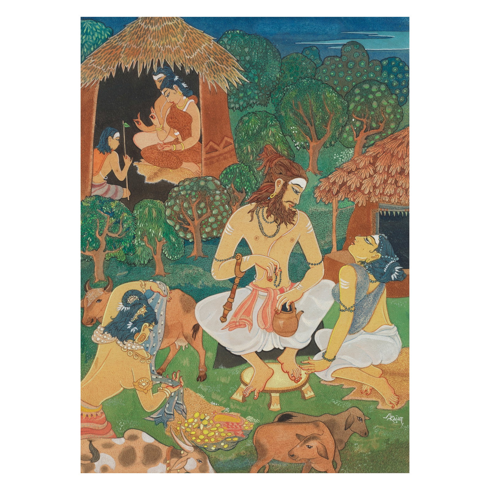 Sundaram Rajam (1919-2020) Untitled (Women in the Vedic Age): Sundaram Rajam (1919-2020) Untitled (Women in the Vedic Age) signed 'S. Rajam' lower right pen and watercolour on paper, framed 46.4 x 33.1cm (18 1/4 x 13 1/16in). Footnotes: Prove