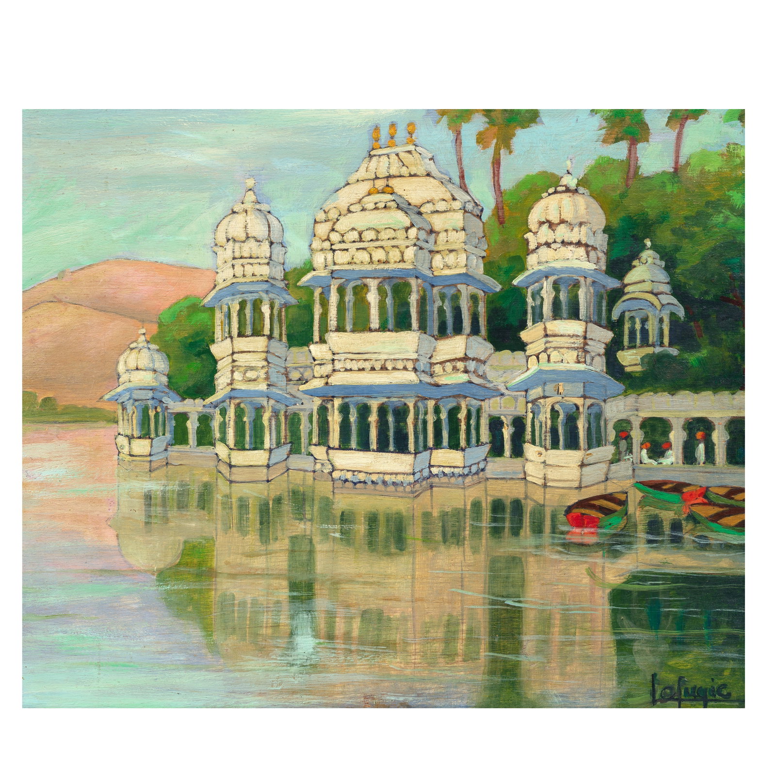 Léa Lafugie (1890-1972) Udaipur (Jag Niwas on Lake Pichola): Léa Lafugie (1890-1972) Udaipur (Jag Niwas on Lake Pichola) 1925 signed 'Lafugie' lower right oil on board, framed 36.9 x 44.9cm (14 1/2 x 17 11/16in). Footnotes: Provenance