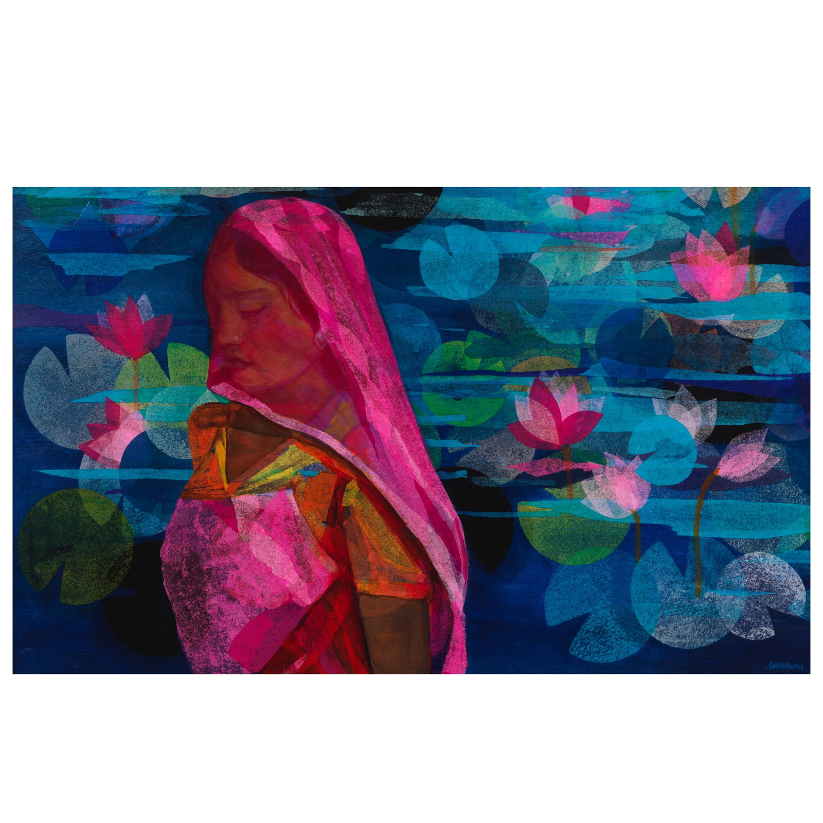 Shalini Bharadwaj (B.1973) The Lotus Veil: Shalini Bharadwaj (B.1973) The Lotus Veil signed 'Shalini' lower right Japanese silk tissue paper collage and acrylic on canvas, framed 54 x 88cm (21 1/4 x 34 5/8in). Footnotes: Pr