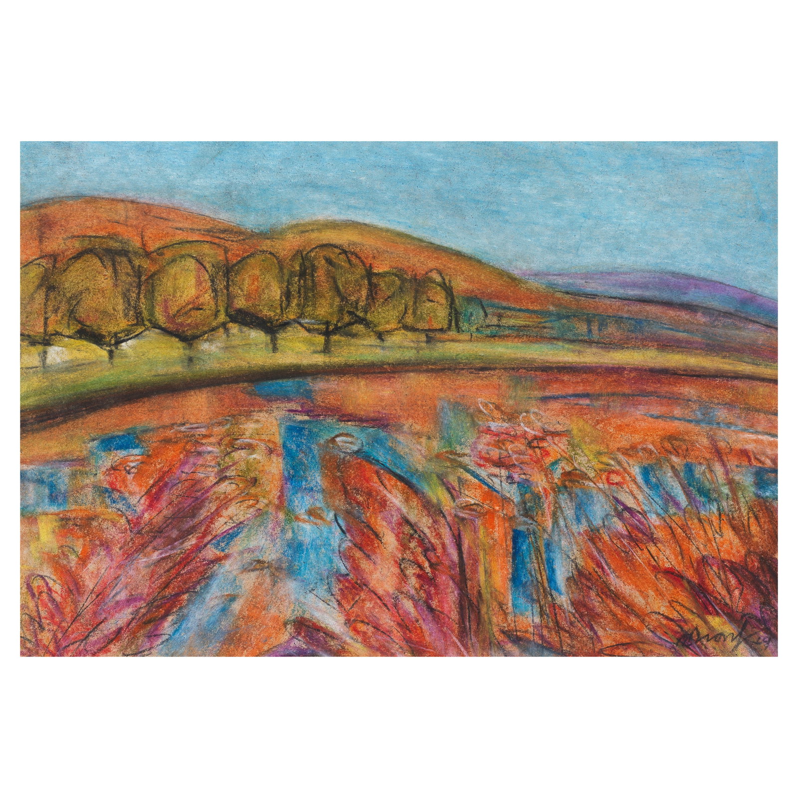Gopal Ghose (1913-1980) Untitled (Landscape): Gopal Ghose (1913-1980) Untitled (Landscape) signed 'Ghose 69' lower right pastel on paper, framed 20.1 x 30.3cm (7 15/16 x 11 15/16in). Footnotes: Provenance Property from