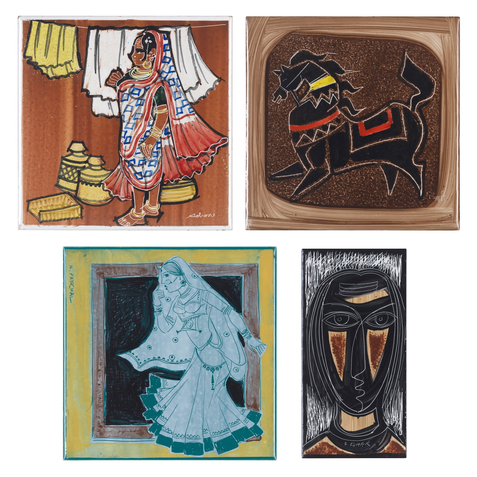 Vitrum Studio (1954s-1970s) Untitled (Woman with laundry), Untitled (Horse), Untitled (Woman), U...: Vitrum Studio (1954s-1970s) Untitled (Woman with laundry), Untitled (Horse), Untitled (Woman), Untitled (Face) signed 'Saloni' lower right, signed 'Tripathi' in Devanagari lower right, signed 'N. Panc