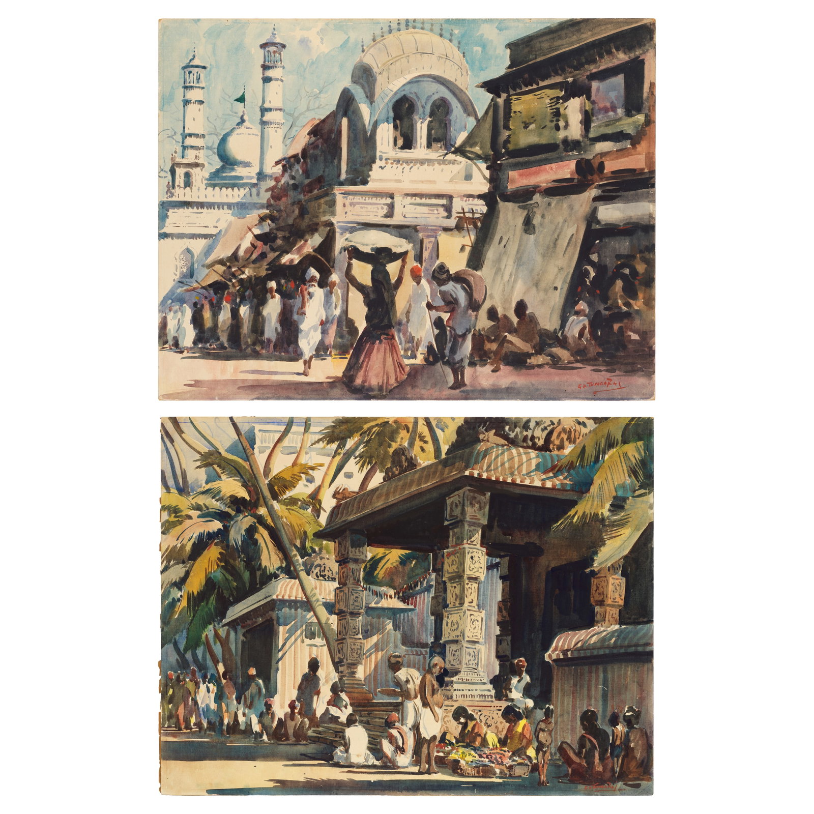 G.D Thyagaraj (1930-1981) Untitled (Indian scenes) 48.7 x 63.5 cm (19 3/16 x 25 in), 48.7 x 63.5...: G.D Thyagaraj (1930-1981) Untitled (Indian scenes) both signed 'G.D. Thyagaraj' lower right watercolours on silk board 48.7 x 63.5 cm (19 3/16 x 25 in), 48.7 x 63.5 cm (19 3/16 x 25 in) Footnotes: Pro