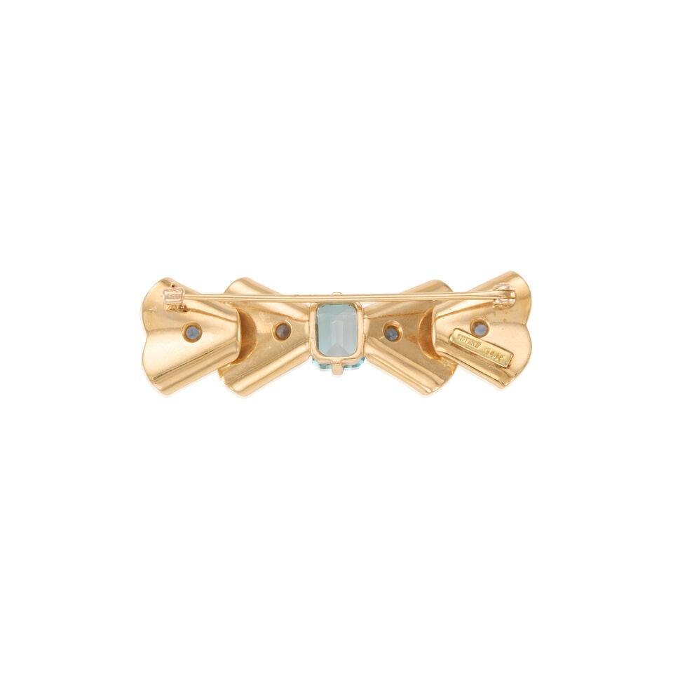 TIFFANY & CO.: 14K GOLD, AQUAMARINE, AND SAPPHIRE RETRO BROOCH - 2