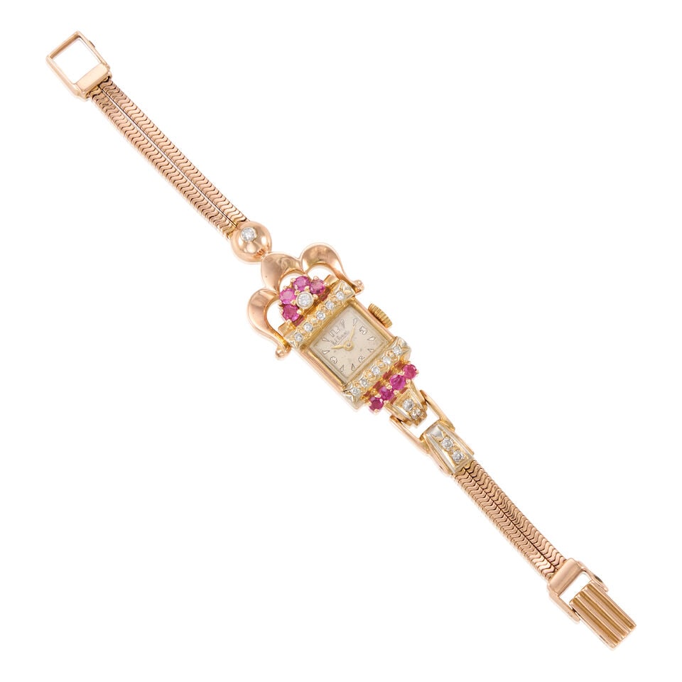 RETRO 14K GOLD, RUBY AND DIAMOND WRISTWATCH: RETRO 14K GOLD, RUBY AND DIAMOND WRISTWATCH • 14k rose, yellow and white gold • 16 round diamonds weighing approximately 0.35 - 0.45 carat total • 8 round rubies weighing