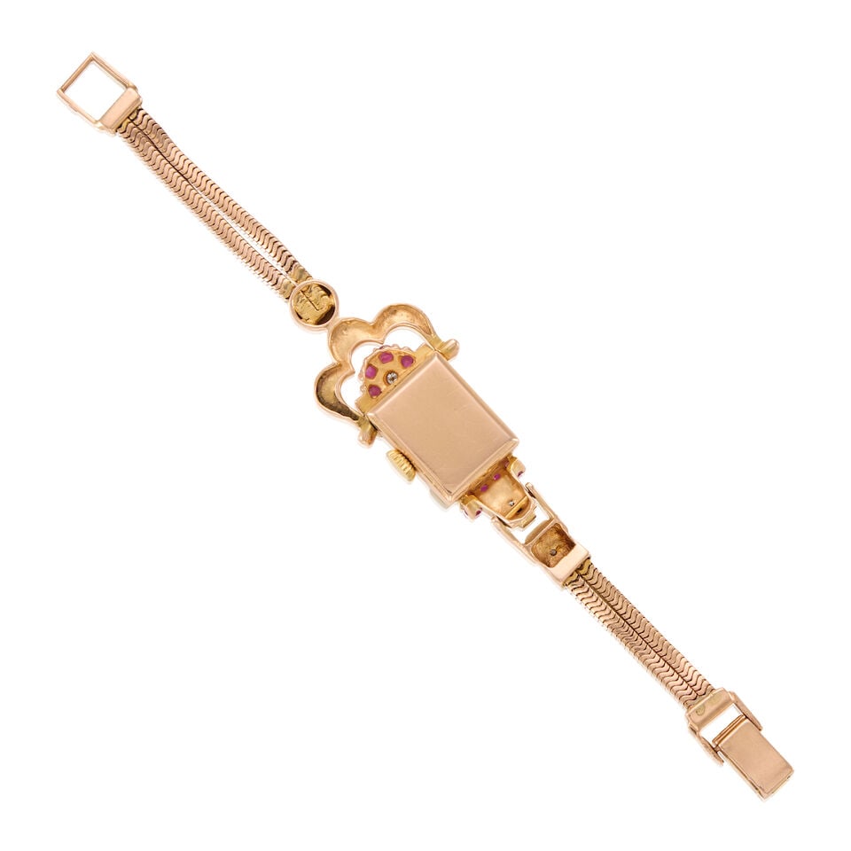 RETRO 14K GOLD, RUBY AND DIAMOND WRISTWATCH - 2