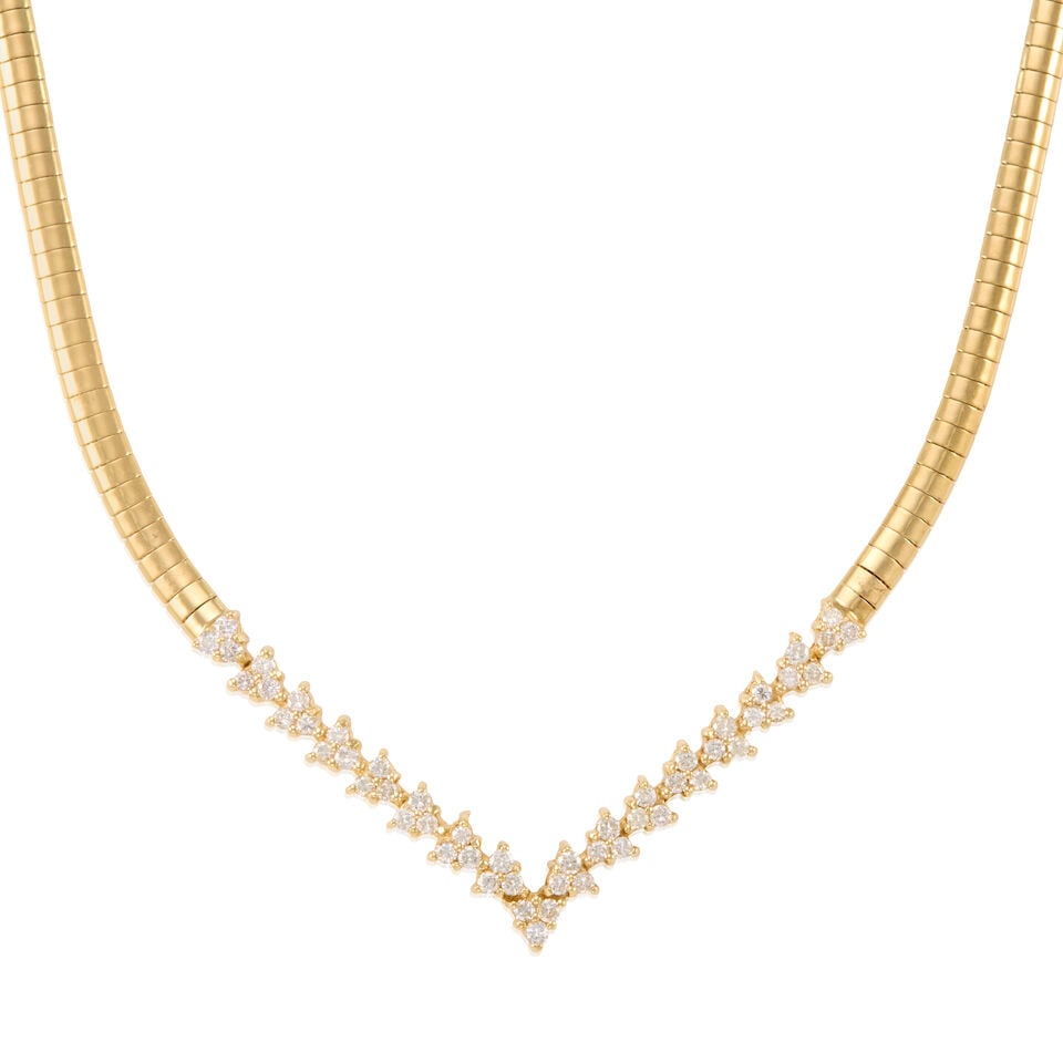 14K GOLD AND DIAMOND NECKLACE: 14K GOLD AND DIAMOND NECKLACE • 14K yellow gold • Numerous round shaped diamonds weighing approximately 1 carat total • Length 17 1/2 in. • Estimated gross weight: 29.4