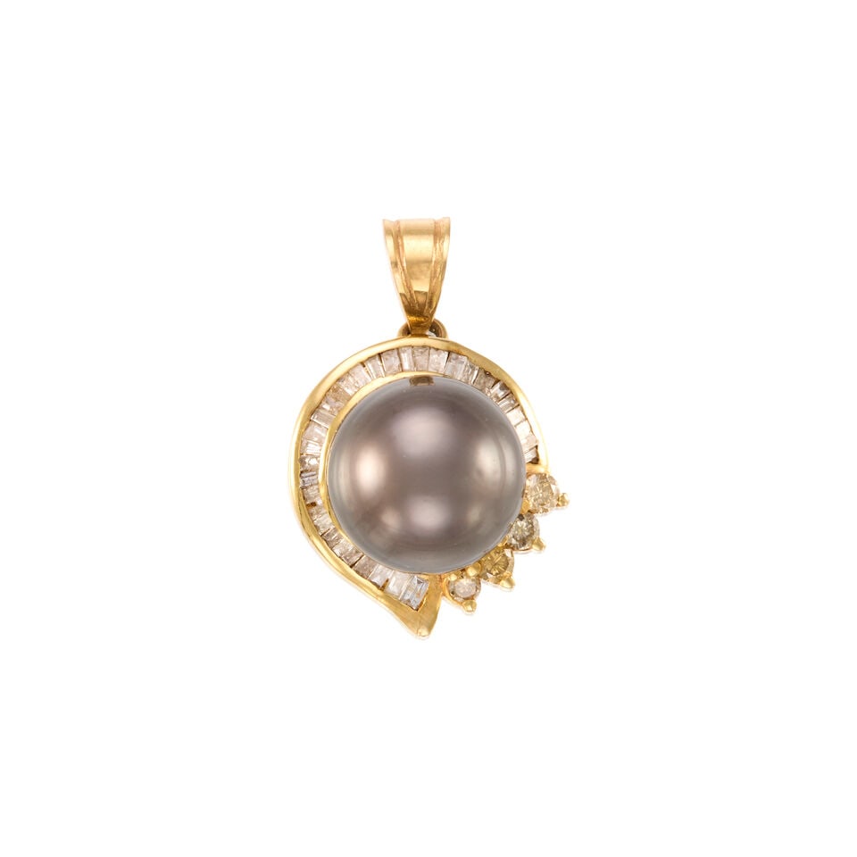 13K GOLD, CULTURED PEARL, AND DIAMOND PENDANT: 13K GOLD, CULTURED PEARL, AND DIAMOND PENDANT • 13K yellow gold • One cultured pearl measuring approximately 13.13mm in diameter • Four round shaped diamonds weighing approximately